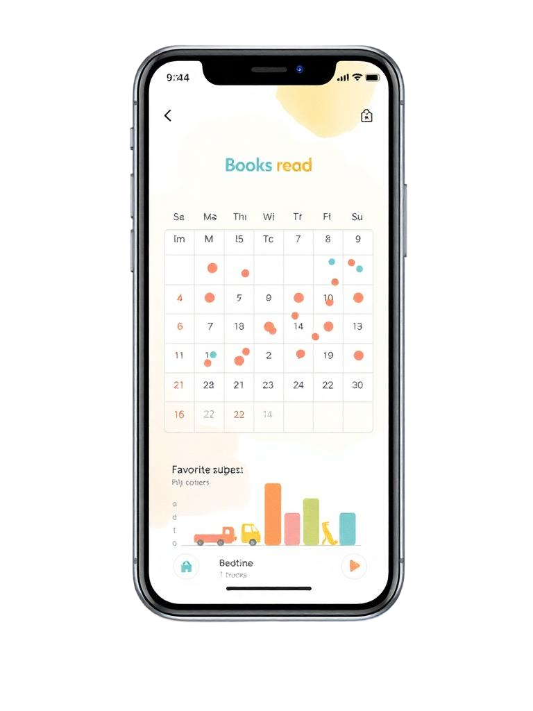 Chickadee app calendar view with colored dots by subject and a favorite-subjects bar chart