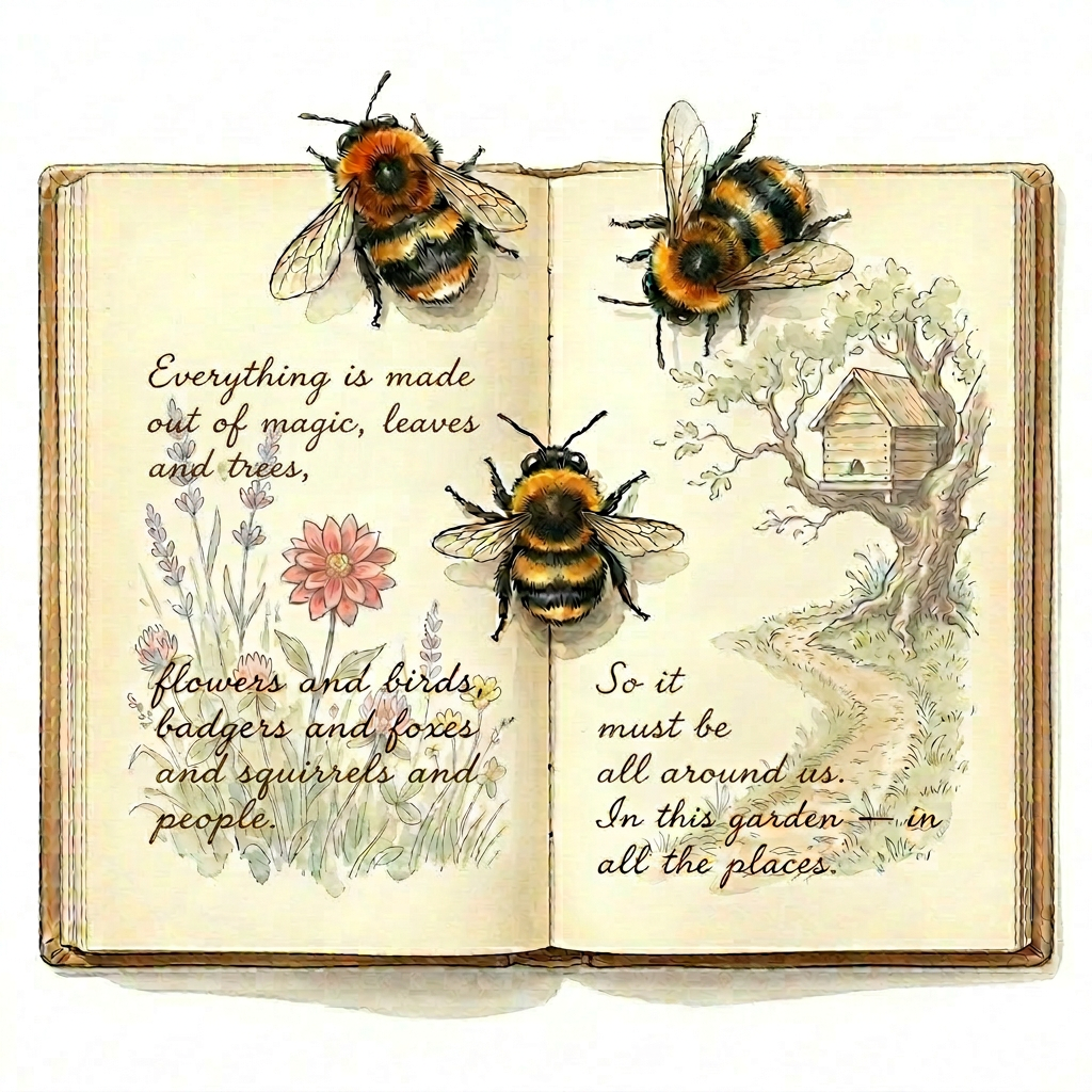 Watercolor open storybook with three bumblebees in arrow formation flying above; pages illustrated with a meadow and beehive, hand-lettered with a quote from The Secret Garden