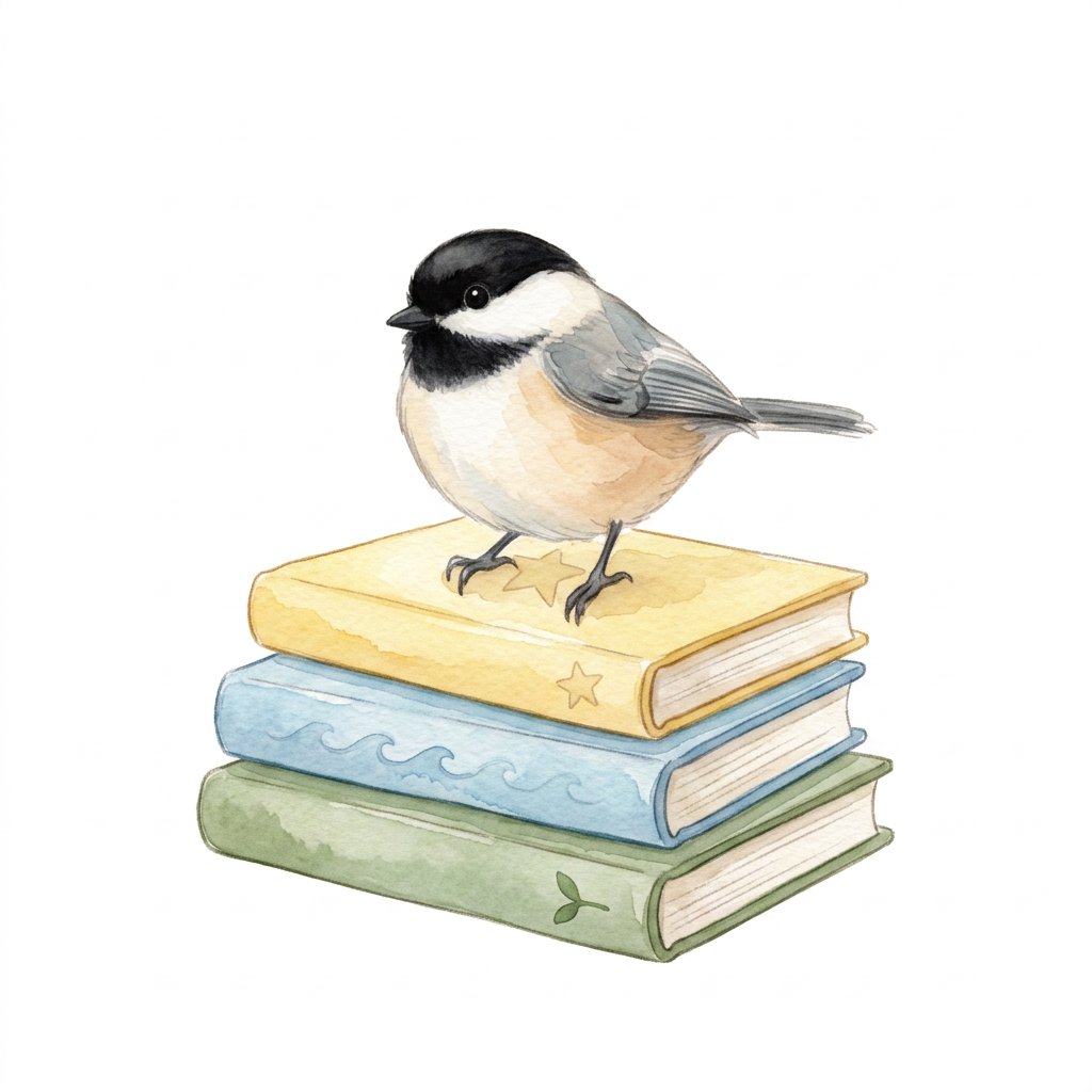 Watercolor chickadee bird perched on a small stack of pastel children's books